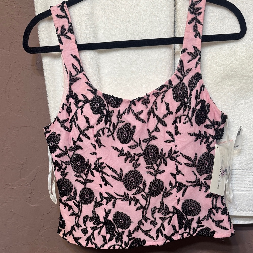 Vintage Beaded Floral Pink and Black Women's Top